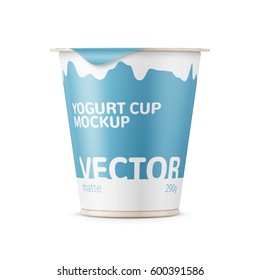 Round plastic pot with matte carton wrap and foil cover for dairy products, yogurt, cream, dessert. 290 g. Realistic packaging mockup template with sample design. Front view. Vector illustration.