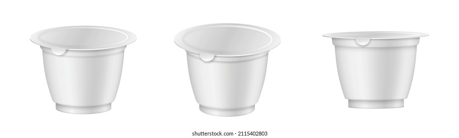 Runde Kunststofftöpfe mit Folienüberzug für Milchprodukte, Jogurt, Sahne, Nachtisch. Realistische Verpackungsvorlage für Lebensmittelgeschäfte. Seitenansicht. 3D-Vektorgrafik