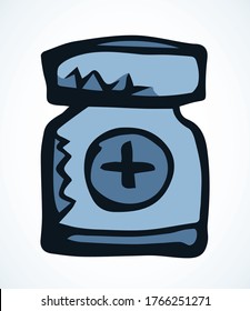 Round plastic RX phial pack. Paper text space backdrop. Outline black hand drawn closeup flat medic vial cross object logo pictogram emblem concept design. Art label doodle cartoon sketch line style