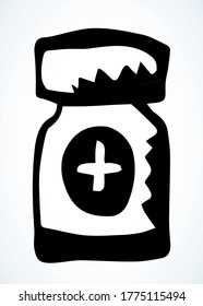 Round plastic RX phial pack. Paper text space backdrop. Outline black hand drawn closeup flat medic vial cross object logo pictogram emblem concept design. Art label doodle cartoon sketch line style
