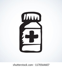 Round plastic RX vial pack isolated on white. Web outline cartoon ui plus logo concept. Freehand linear black ink hand drawn flat healthcare emblem sketchy in retro doodle graphic style pen on paper