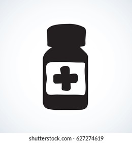 Round plastic RX vial pack isolated on white background. Web outline cartoon ui plus logo concept. Freehand linear black ink hand drawn flat emblem sketchy in retro doodle graphic style pen on paper