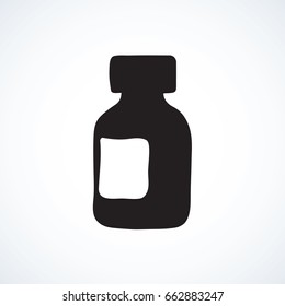 Round plastic RX vial pack isolated on white background. Web outline cartoon ui plus logo concept. Freehand linear black ink hand drawn flat emblem sketchy in retro doodle graphic style pen on paper