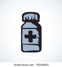 Round plastic RX vial pack isolated on white background. Web outline cartoon ui plus logo concept. Freehand linear black ink hand drawn flat emblem sketchy in retro doodle graphic style pen on paper