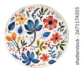 A round plate features a whimsical, hand-painted style floral pattern in blues, reds, oranges, and yellows. The design is densely packed with various flowers and leaves.