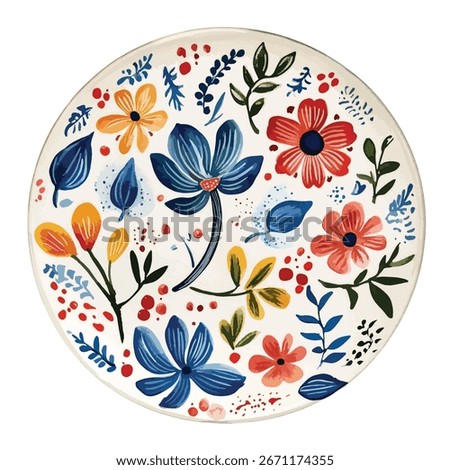 A round plate features a whimsical, hand-painted style floral pattern in blues, reds, oranges, and yellows. The design is densely packed with various flowers and leaves.