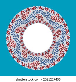 Round plate with floral ethnic pattern on blue background