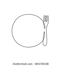 Placa redonda con tenedor. Un dibujo de línea continua. Ilustración vectorial dibujada a mano negra con espacio de copia. Icono lineal delgado, aislado en fondo blanco. Plantilla para emblema minimalista. Plato de contorno