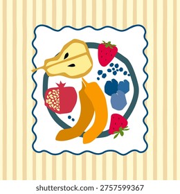 A round plate of fruit on a striped background. Summertime treats concept. A bright summer vector illustration.