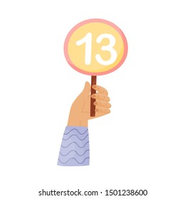 Round plate with the number 13 in hand. Vector illustration on a white background.