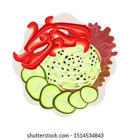 Round plate with sliced cabbage on a red sheet of salad. Vector illustration.
