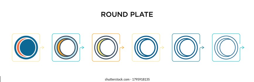 Round plate vector icon in 6 different modern styles. Black, two colored round plate icons designed in filled, outline, line and stroke style. Vector illustration can be used for web, mobile, ui