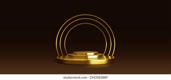 Plataforma redonda con anillos dorados sobre fondo negro. Vector ilustración realista de pedestal amarillo brillante con escaleras para premio, trofeo, premio del campeón, presentación de producto de lujo, podio del ganador