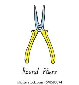 Round Pliers, hand drawn doodle sketch in pop art style, vector color illustration