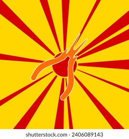 Round pliers symbol on a background of red flash explosion radial lines. The large orange symbol is located in the center of the sun, symbolizing the sunrise. Vector illustration on yellow background