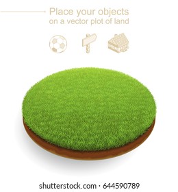 Round Plot Of Land With A Dense Green Grass And A Brown Cut Of Soil. Stylish Trimmed Sward Floats Above A White Background. Useful Like An Isometric Natural Location For Any Advertised Objects.