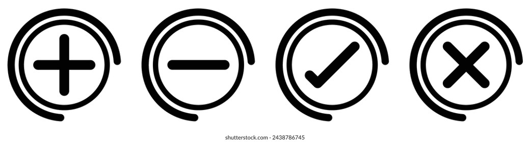 Round plus and minus icons set with different thicknesses. Vector. plus icon