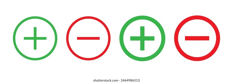 Round plus and minus icons set with different thicknesses. Vector.