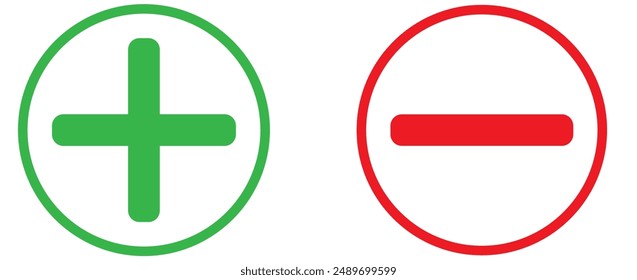 Round plus and minus icons set with different thicknesses. Vector.