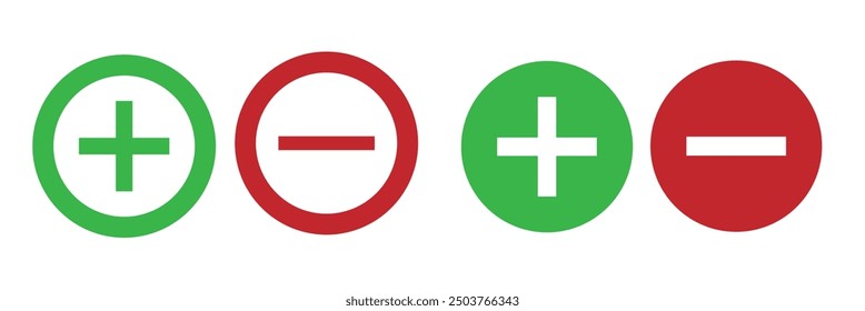 Round plus and minus icons set with different thicknesses. Vector.