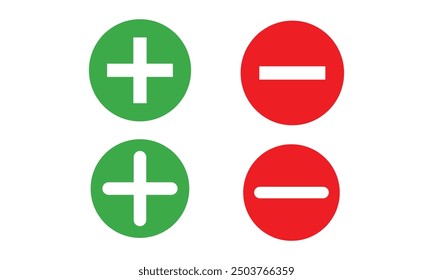 Round plus and minus icons set with different thicknesses. Vector.