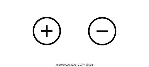 Ícones redondos de adição e subtração definidos com linhas de espessuras diferentes e ícones planos definidos, traçado editável isolado em branco, ilustração de contorno de vetor linear, estilo de design de logotipo de símbolo