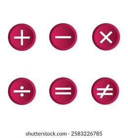 Round plus and minus multiply divide equal not equal icons set with different thicknesses in pink color. Plus, minus, add and subtract icon set in circle. Plus and minus sign set.