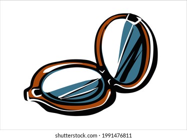 Espejo redondo de bolsillo. Abierto en un estilo retro para el maquillaje. Ilustración en el estilo de un boceto de moda a mano.