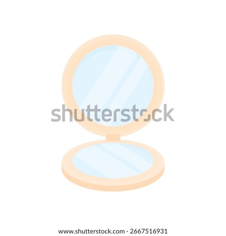 Round pocket open mirror on white background. Concept of self-care on the road, on a walk