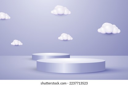 Round podium 3d scene with cloud pastel purple background for cosmetic product presentation mockup show