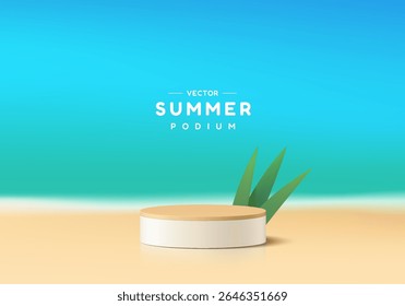 Round podium 3D summer background with beach scenery, summer decorations. Abstract composition in minimalist design. 3D studio display showroom product pedestal, Fashion stage showcase mockup scene.