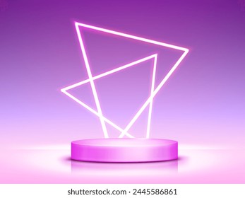 Podio redondo con triángulos abstractos de neón sobre fondo abstracto púrpura y rosa. Ilustración realista del Vector de la maqueta de la plataforma del cilindro para la presentación del producto, decoración de la sala de exposición de la luz llevada