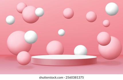 Round podium with balls on pink background. Vector realistic illustration of pastel showroom with stage for cosmetic product, kids goods, confectionary presentation, showroom with bubbles and stage