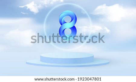Round podium or baseboard on a minimal stage. Mockup studio for product presentation, branding design. Volumetric number 8 with gradient. Vector illustration