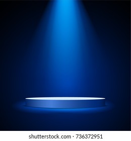 Round podium with blue illumination. Vector illustration.