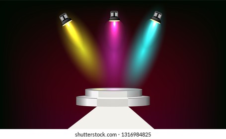 Round podium  with bright   illuminated spotlight  background. Empty pedestal for award ceremony  concept. Stage backdrop. Vector illustration 
