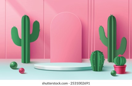 Pódio redondo e cactos no fundo de arco rosa. Vetor ilustração realista de palco branco para a apresentação do produto, cacto vaso de flores, contas decorativas no chão, cosméticos showroom design de interiores