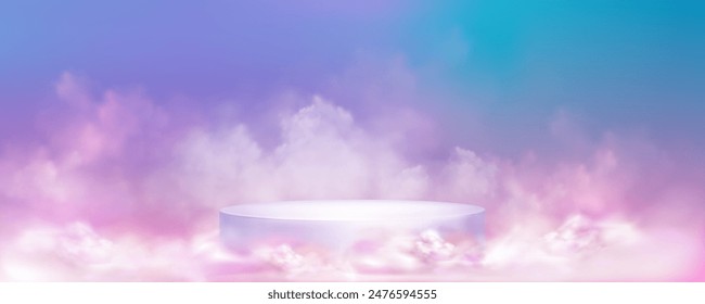 Round podium in color mist clouds. Vector realistic illustration of cylinder shape platform against heavenly sky background, beauty product presentation studio design, dreamy pastel cosmetic banner