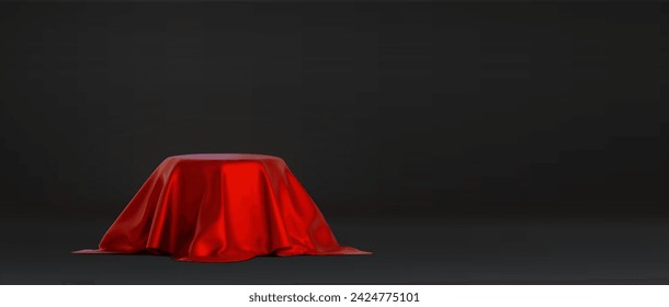 Round podium covered with red fabric curtain with folds and wrinkles. Realistic vector illustration of platform or product stand under silk cloth drapery. Presentation display hidden in waved blanket.