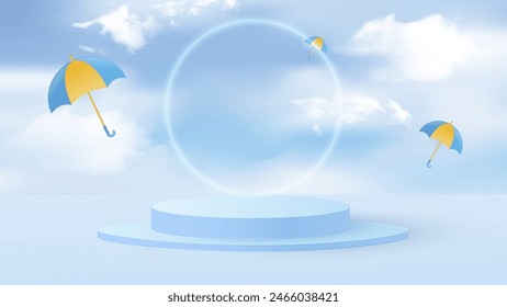 Round podium for displaying products during the rainy season. Design with realistic clouds and flying colorful umbrellas. Vector illustration.