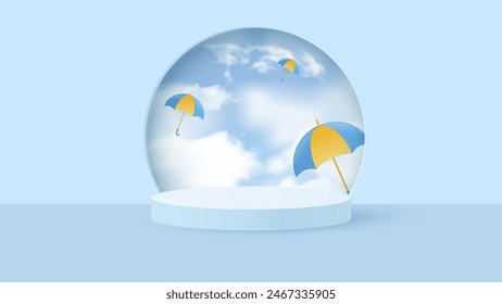 Round podium for displaying products during the rainy season. Design with realistic clouds and flying colorful umbrellas. Vector