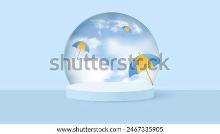 Round podium for displaying products during the rainy season. Design with realistic clouds and flying colorful umbrellas. Vector