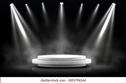 Round podium, empty stage illuminated by spotlights. Vector realistic mockup of circular platform, white pedestal, projector beams and smoke on black background. Round stand in showroom