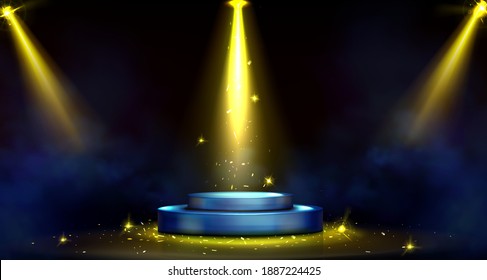 Round podium, empty stage illuminated by spotlights. Vector realistic mockup of circular platform, blue pedestal, yellow projector beams, smoke and shiny golden confetti on black background