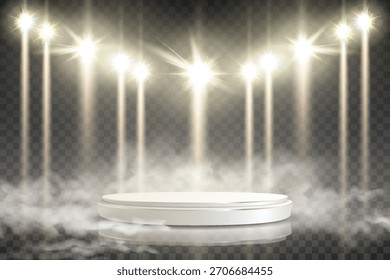 Un podio redondo, un escenario vacío, humo, iluminación y niebla. Sobre un fondo transparente.