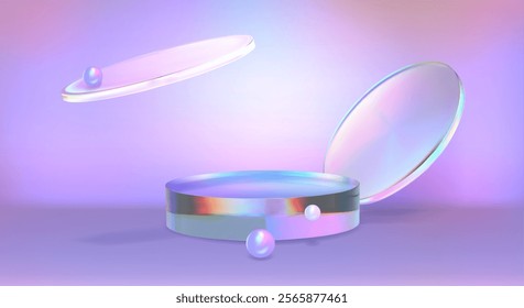 Pódio redondo com decoração de morfismo de vidro e contas no fundo lilás. Ilustração realista do vetor da plataforma transparente iridescente para a apresentação do produto cosmético, clarão da luz na parede