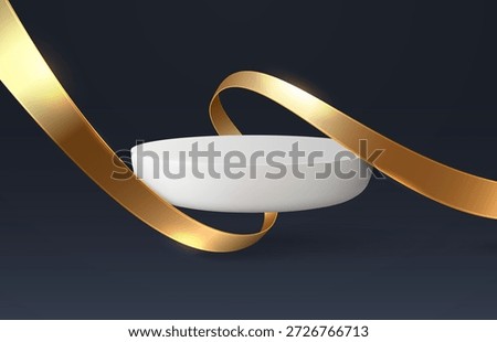 Round podium with a gold ribbon on a dark background. Vector 3D illustration.