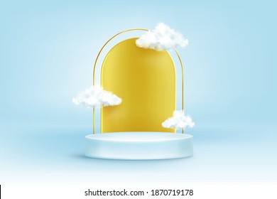 Round podium with golden arch and white clouds on blue background. Vector realistic mockup of circular platform, empty pedestal for display product or exhibition