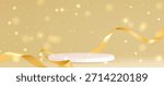 Round podium and golden ribbon background for presentation banner. Vector realistic illustration of white cylinder stage, gold confetti sparkling in air, luxury platform for winner award ceremony