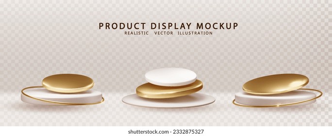 Round podium golden and white podium set. Empty platform for product presentation, mock up, show cosmetic product. Realistic 3d vector